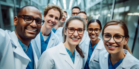 Hospital medical team banner with group of smiling healthy doctors and nurses