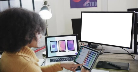 Poster - African american businesswoman on video call with blank screen