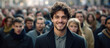 © Keitma - Banner with a young handsome man looking at camera in middle of a big crowd of people
