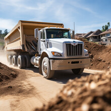 Lifestyle Photo Dump Truck Emptying Earth At Construction Site.