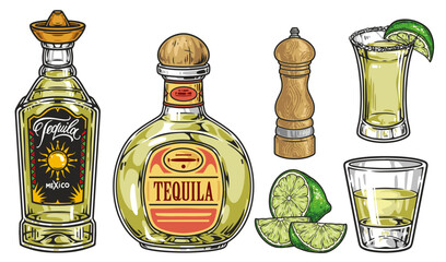 Wall Mural - Tequila drink colorful set emblems