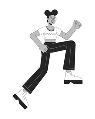 Poster - Happy african american girl running flat line black white vector character. Achieving goals. Editable outline full body person. Simple cartoon isolated spot illustration for web graphic design
