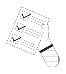 Poster - Holding checklist bw concept vector spot illustration. Completed tasks. To do list 2D cartoon flat line monochromatic hand for web UI design. Editable isolated outline hero image