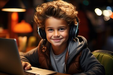 boy sitting withomputer  wearing headphones