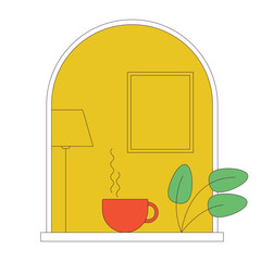 Poster - Cozy window flat line concept vector spot illustration. Hot drink cup and houseplant 2D cartoon outline object on white for web UI design. Editable isolated color hero image