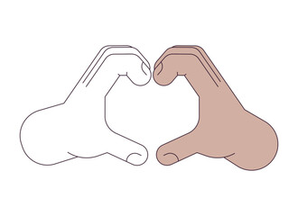 Poster - Heart shape flat line color isolated vector hand. Love gesture. Multinational hands. Editable clip art image on white background. Simple outline cartoon spot illustration for web design