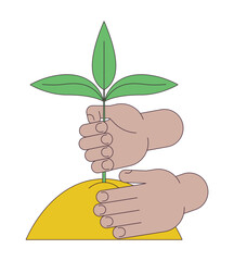 Poster - Hands planting plant in soil flat line concept vector spot illustration. Gardening 2D cartoon outline hand on white for web UI design. Editable isolated color hero image