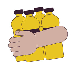 Poster - Holding water bottles flat line concept vector spot illustration. Giving water. Valunteering 2D cartoon outline hand on white for web UI design. Editable isolated color hero image