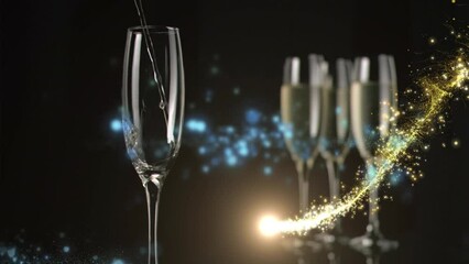 Wall Mural - Animation of champagne pouring in glasses and light moving over black background