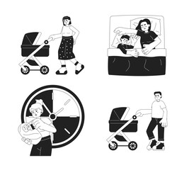 Poster - Taking care of baby monochrome concept vector spot illustrations set. Baby feeding. Walking 2D flat bw cartoon characters for web UI design. Isolated editable hand drawn hero images collection