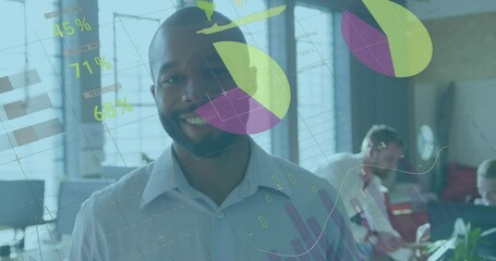 Poster - Animation of infographic interface over portrait of smiling african american man standing in office