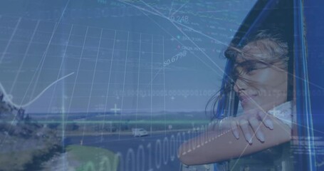 Poster - Animation of graphs, trading boards, african american woman enjoying breeze through car window