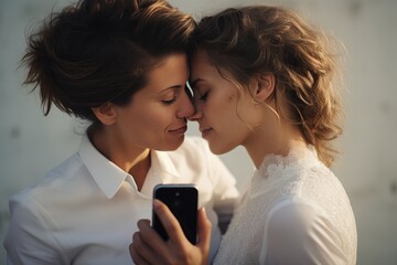 Sticker - Lesbian wedding. Portrait of girls clinging to a friend.