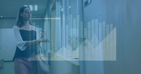 Poster - Animation of graphs and loading bar over biracial woman walking in office and opening door