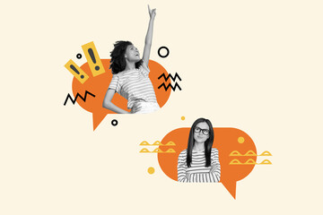 Poster - Creative collage of young girls partners communicating sending message carefree holidays colleague answer boss isolated on beige background