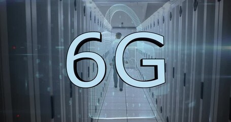 Poster - Animation of 6g text, padlock, letters, numbers, symbols, rear view of man walking in server room