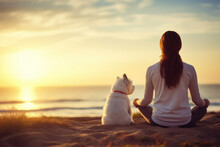 A Woman With Mental Health Problems Sitting Near The Sea At Dawn With Her Dog Beside Her, Doing Meditation As A Tool To Support Her Illness