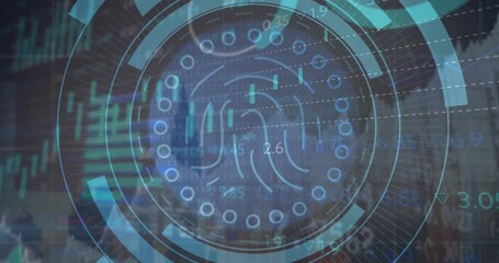 Poster - Animation of fingerprint in circles, graphs and trading board over modern buildings