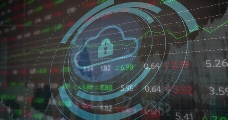 Poster - Animation of padlock in cloud and circles over graphs and trading board against buildings