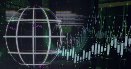 Canvas Print - Animation of globe, multiple graphs with changing numbers and trading board over data server room