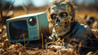 A remnant of a cyborg lies in a junkyard among an old demolished TV from the 20th century disposed of in the wasteland