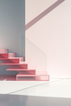 A Contemporary Minimalist Glass Staircase With Railings, Illuminated By Natural Light From A Window. The Design Embodies Modern Architecture And Simplistic Elegance