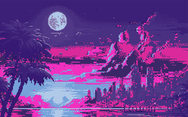 Aufkleber - Synthwave retro 8-bit pixel art landscape with palms and moon in neon colors.