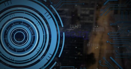 Poster - Animation of loading circles, circuit board pattern and computer language over abstract background