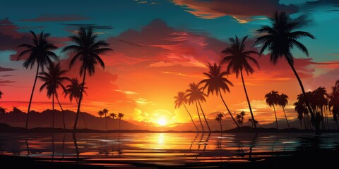 Horizontal illustration of a sunset on paradise island.