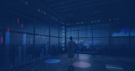 Poster - Animation of graphs and stock market data over rear view of asian businesswoman thinking strategy