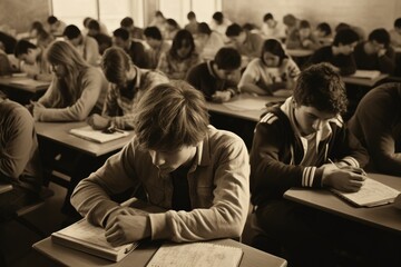 Poster - Sepia photo. Students in the classroom do their homework.