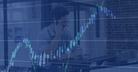 Poster - Animation of multiple graphs over caucasian businessman talking over mobile phone and using laptop