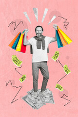 Poster - Vertical collage picture of excited black white colors man stand big money bills hold bags limited sale offer isolated on pink background