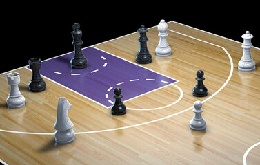 Basketball is like chess. Half court with chess pieces representing basketball players. 3d rendering. 