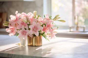 Wall Mural - Beautiful pink flowers  on a kitchen table