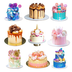 Wall Mural - Set of different delicious cakes isolated on white, png. Cakes with unicorn, fondant crown, brownie, chocolate balls. Pink, green, blue cakes