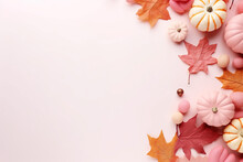 Pink Pastel Pumpkins With Fall Leaves On Soft Colored Ground With Space For Text, Soft Pink Fall Background