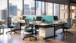 Dynamic office workspace with height-adjustable desks