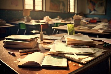Aufkleber - tables in the school classroom with notebooks and textbooks.