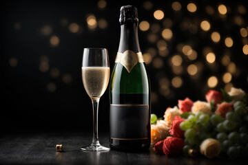 Glass of Champagne and Champagne bottle on dark background with bokeh. Commercial promotional photo