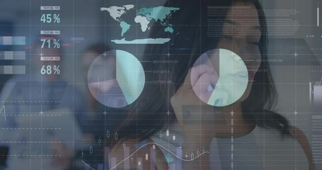 Poster - Animation of statistical data processing against biracial woman talking on smartphone at office