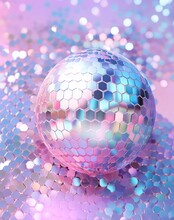 Holographic Disco Ball Shimmers In Pink And Turquoise On A Glittery Sequin Background