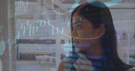 Poster - Animation of stock market data processing over biracial woman talking on smartphone at office
