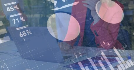 Poster - Animation of statistical data processing on caucasian woman using laptop removing glasses at office