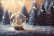 Christmas card with golden snow globe and christmas trees in the background