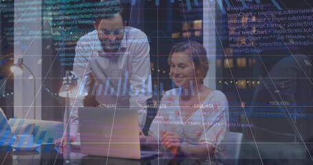 Poster - Animation of statistical data processing over diverse man and woman discussing over laptop at office
