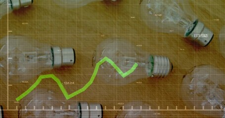 Poster - Animation of statistical data processing against close up view of electric bulbs on wooden table