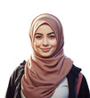 Portret uśmiechniętej islamskiej kobiety. Zagraniczna studentka. Izolowana, transparentne tło. 