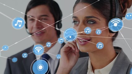 Poster - Animation of network of digital icons against biracial woman talking on phone headset at office