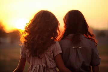 Poster - Two school friends with backpacks at sunset.